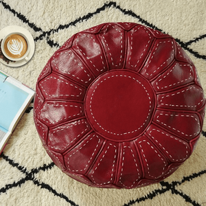Moroccan Pouf | Ottoman Red Leather Stitching