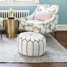 Load image into Gallery viewer, Moroccan Pouf | Ottoman White on Black Stitching