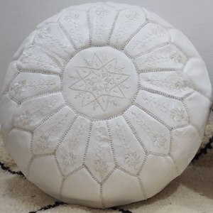 Moroccan Pouf | Ottoman White Embroidered