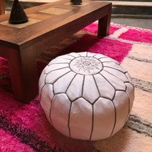 Load image into Gallery viewer, Moroccan Pouf | Ottoman White on Grey Stitching