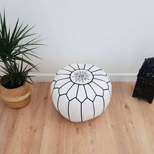 Load image into Gallery viewer, Moroccan Pouf | Ottoman White on Black Stitching