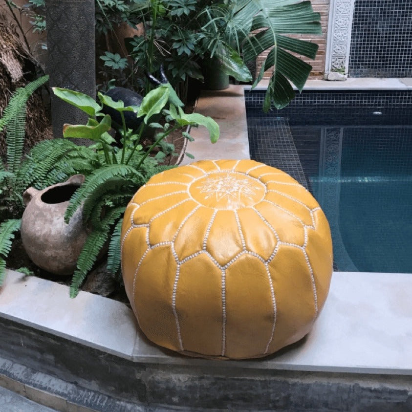 Leather Moroccan Pouf in Yellow Mustard | Maison Morocco