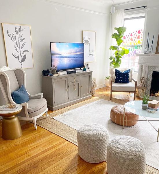 Nicole's Modern Boho Home in New York featuring our Light Caramel Brown Moroccan Pouf | Ottoman