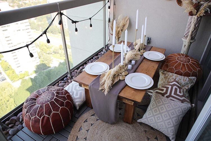 Manal's Boho Inspired Balcony Makeover in Toronto Featuring Our Caramel and Mahogany Poufs