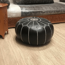 Load image into Gallery viewer, Moroccan Pouf | Ottoman Black + White Stitching