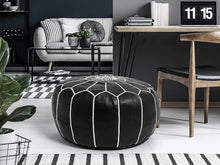 Load image into Gallery viewer, Moroccan Pouf | Ottoman Black + White Stitching