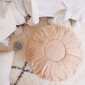 Moroccan Pouf | Ottoman Natural Beige Blush Embroidered