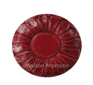 Moroccan Pouf | Ottoman Red Leather Stitching