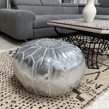 Load image into Gallery viewer, Moroccan Pouf | Ottoman Silver Faux Leather