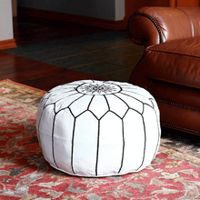Load image into Gallery viewer, Moroccan Pouf | Ottoman White on Black Stitching