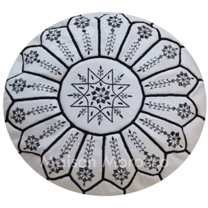 Moroccan Pouf | Ottoman White with Black Embroidery
