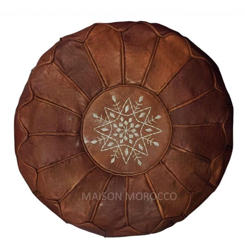 Moroccan Pouf | Ottoman Brown Leather Seams